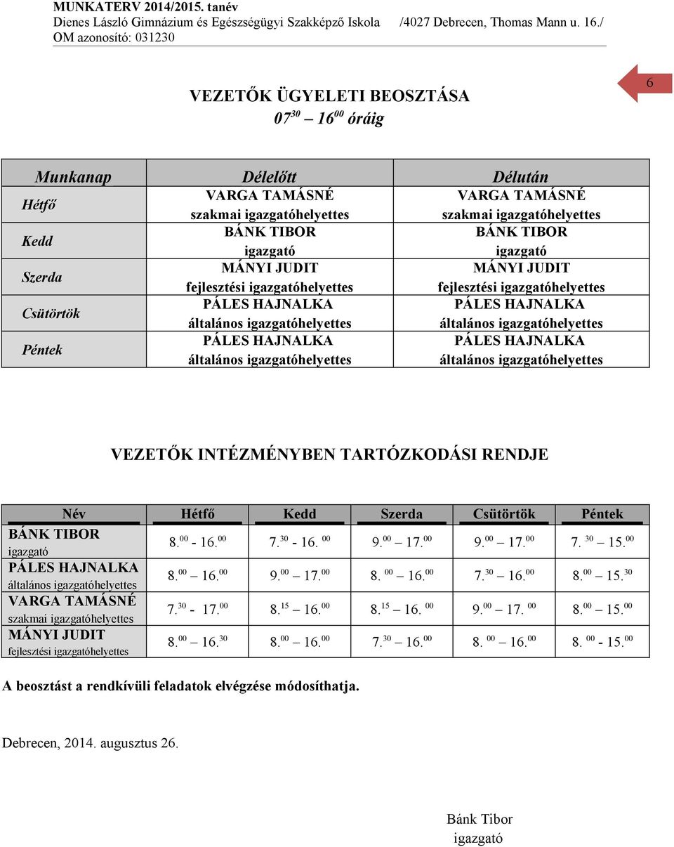 Péntek PÁLES HAJNALKA PÁLES HAJNALKA általános igazgatóhelyettes általános igazgatóhelyettes VEZETŐK INTÉZMÉNYBEN TARTÓZKODÁSI RENDJE BÁNK TIBOR igazgató Név Hétfő Kedd Szerda Csütörtök Péntek PÁLES