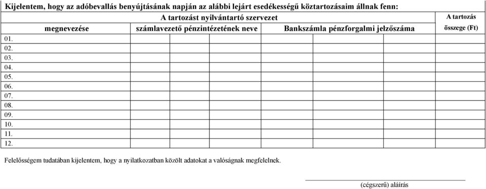 neve Bankszámla pénzforgalmi jelzőszáma összege (Ft) 01. 02. 03. 04. 05. 06. 07. 08. 09. 10. 11. 12.