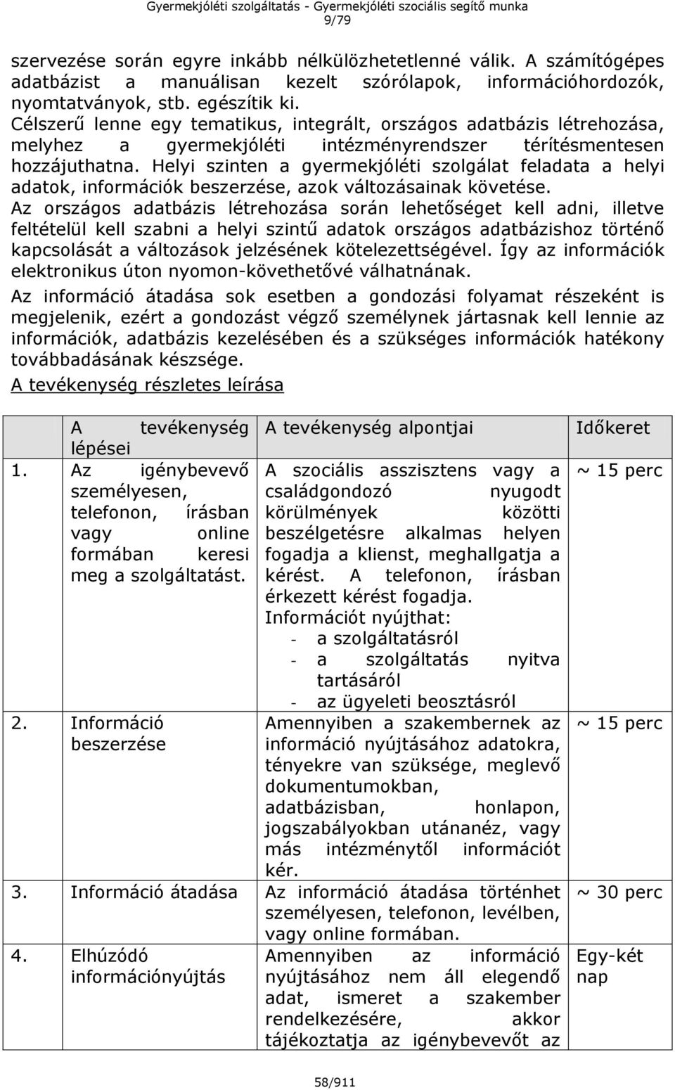 Helyi szinten a gyermekjóléti szolgálat feladata a helyi adatok, információk beszerzése, azok változásainak követése.