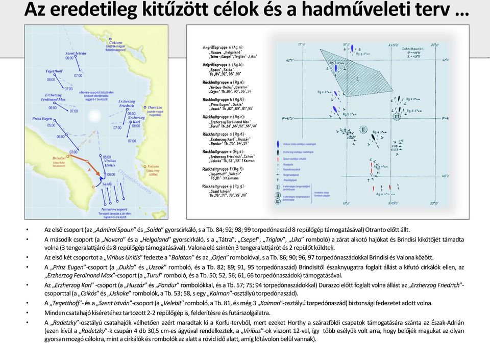 támogatásával). Valona elé szintén 3 tengeralattjárót és 2 repülőt küldtek. Az első két csoportot a Viribus Unitis fedezte a Balaton és az Orjen rombolóval, s a Tb.