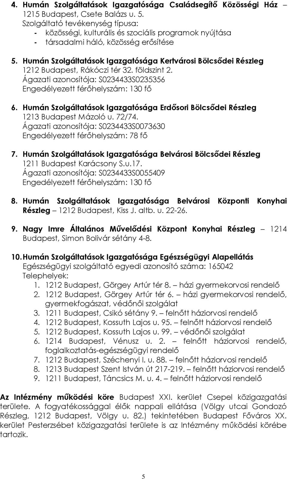 Humán Szolgáltatások Igazgatósága Kertvárosi Bölcsődei Részleg 1212 Budapest, Rákóczi tér 32. földszint 2. Ágazati azonosítója: S0234433S0235356 Engedélyezett férőhelyszám: 130 fő 6.