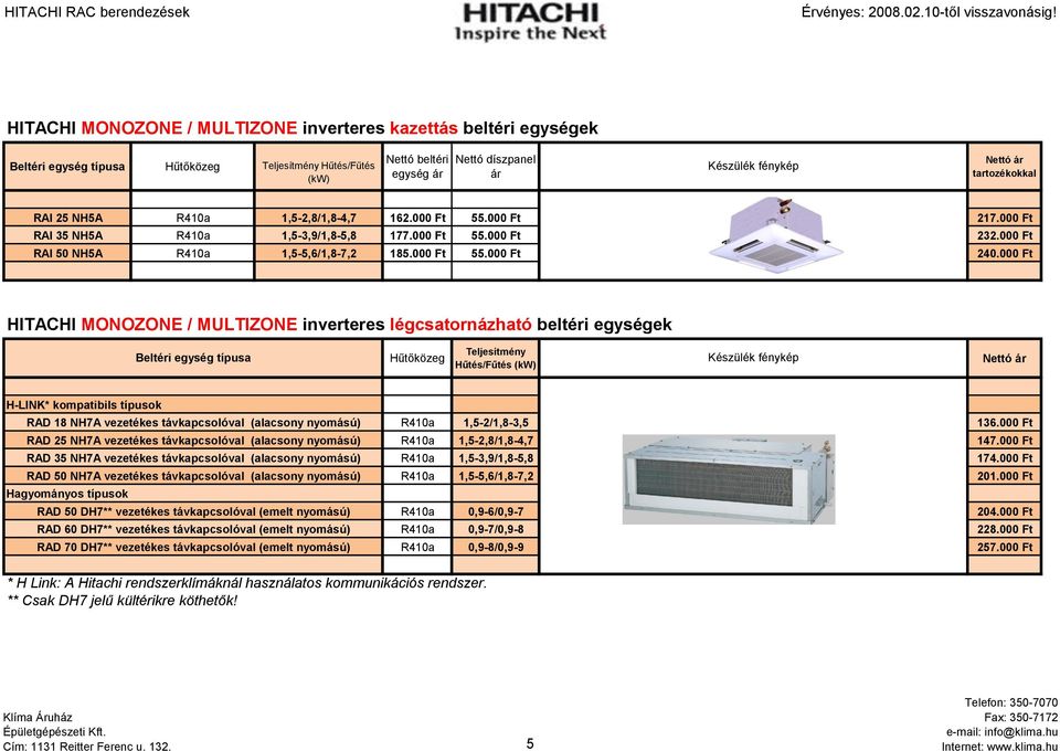 000 Ft HITACHI MONOZONE / MULTIZONE inverteres légcsatornázható beltéri egységek Beltéri egység típusa ár H-LINK* kompatibils típusok RAD 18 NH7A vezetékes távkapcsolóval (alacsony nyomású) RAD 25