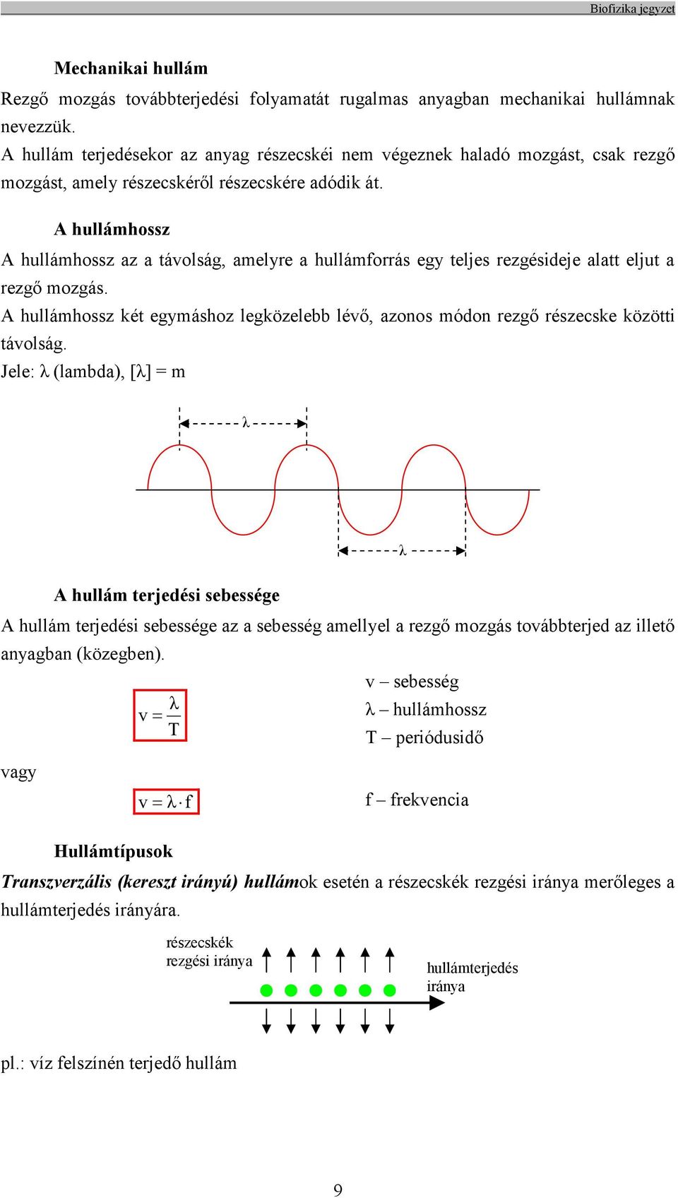 A hullámhossz A hullámhossz az a távolság, amelyre a hullámforrás egy teljes rezgésideje alatt eljut a rezgő mozgás.