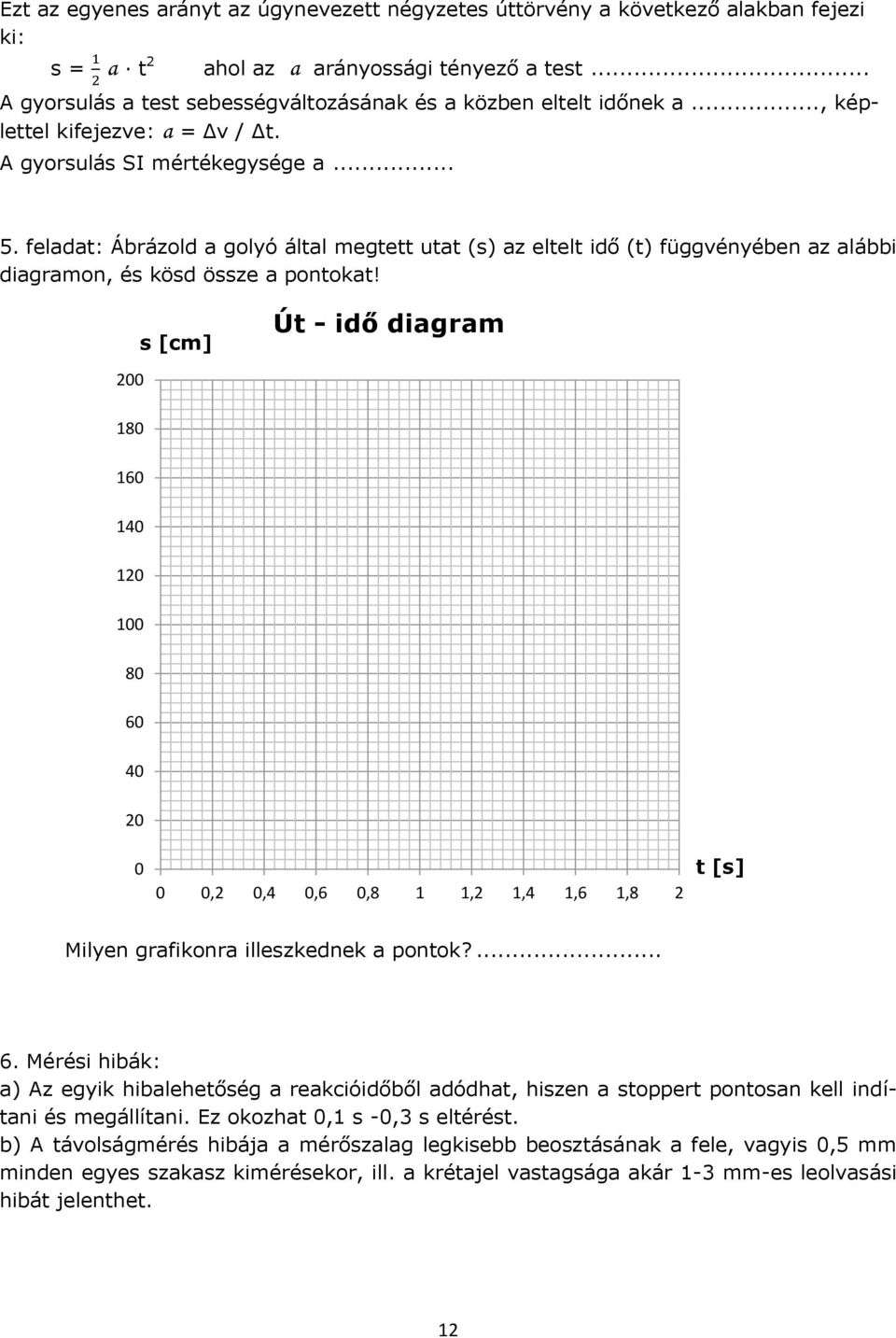 feladat: Ábrázold a golyó által megtett utat (s) az eltelt idő (t) függvényében az alábbi diagramon, és kösd össze a pontokat!