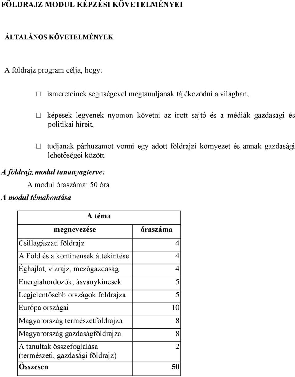 A földrajz modul tananyagterve: A modul óraszáma: 50 óra A modul témabontása A téma megnevezése óraszáma Csillagászati földrajz 4 A Föld és a kontinensek áttekintése 4 Éghajlat, vízrajz,