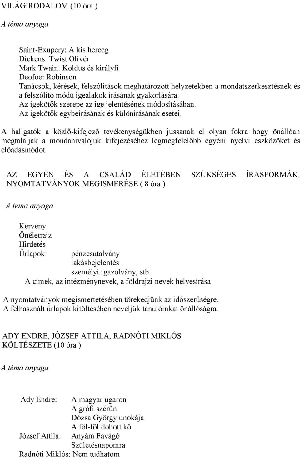 A hallgatók a közlő-kifejező tevékenységükben jussanak el olyan fokra hogy önállóan megtalálják a mondanivalójuk kifejezéséhez legmegfelelőbb egyéni nyelvi eszközöket és előadásmódot.