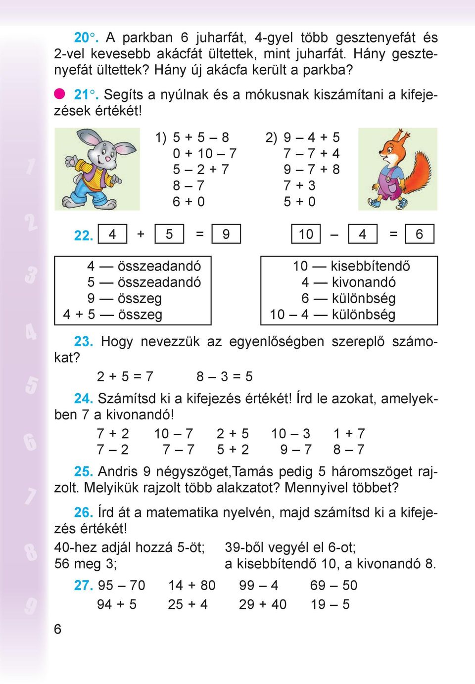 4 + 5 = 9 10 4 = 6 4 összeadandó 5 összeadandó 9 összeg 4 + 5 összeg 10 kisebbítendő 4 kivonandó 6 különbség 10 4 különbség 23. Hogy nevezzük az egyenlőségben szereplő számokat? 2 + 5 = 7 8 3 = 5 24.