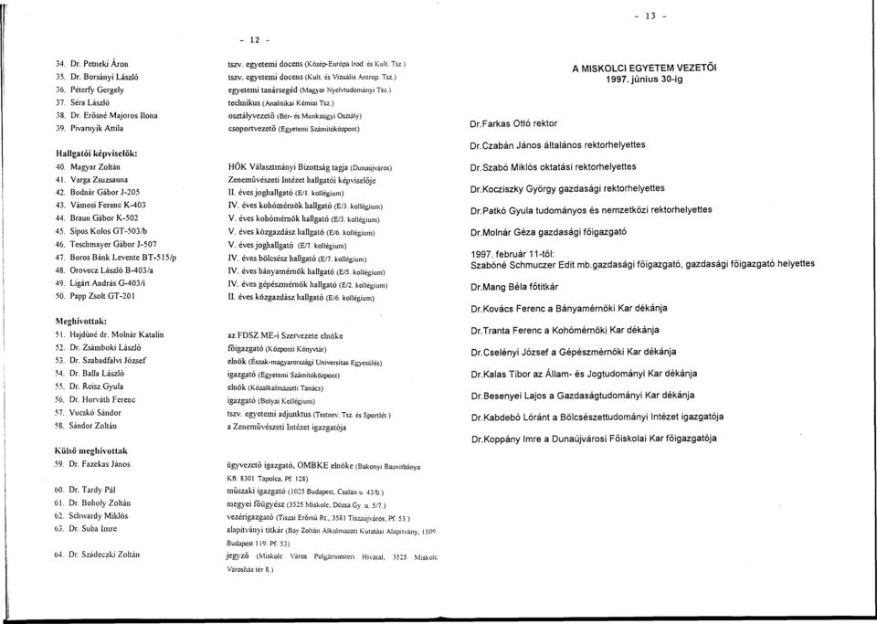 ) osztályvezető (Bér- és Munkaügyi Osztály) csoportvezető (Egyetemi Számitóközpont) Dr.Farkas Ottó rektor A MISKOLC! EGYETEM VEZETŐI 1997. június 30-ig Hallgatói képviselők: 40. Magyar Zoltán 41.