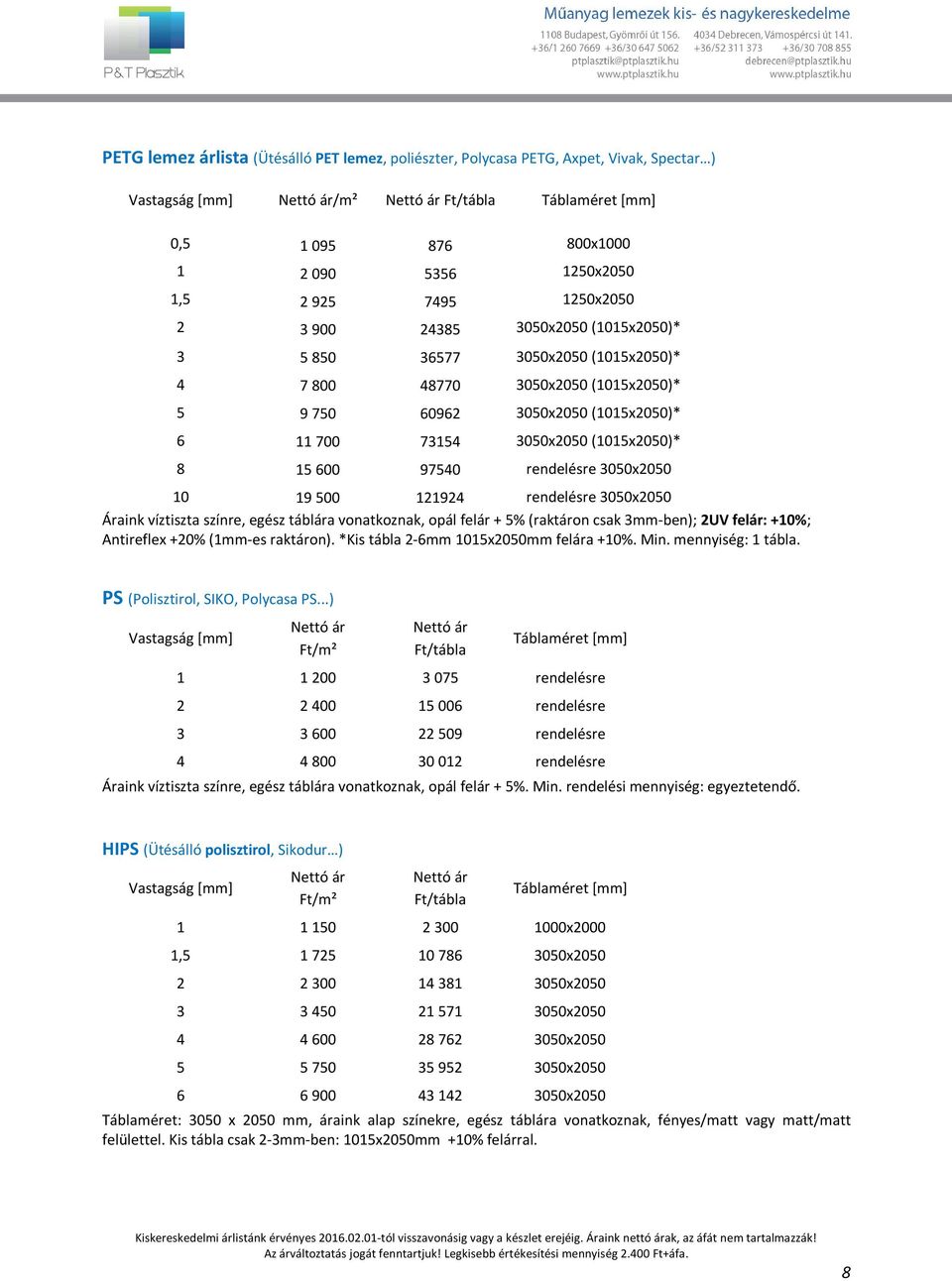 10 19 500 121924 rendelésre 3050x2050 Áraink víztiszta színre, egész táblára vonatkoznak, opál felár + 5% (raktáron csak 3mm-ben); 2UV felár: +10%; Antireflex +20% (1mm-es raktáron).