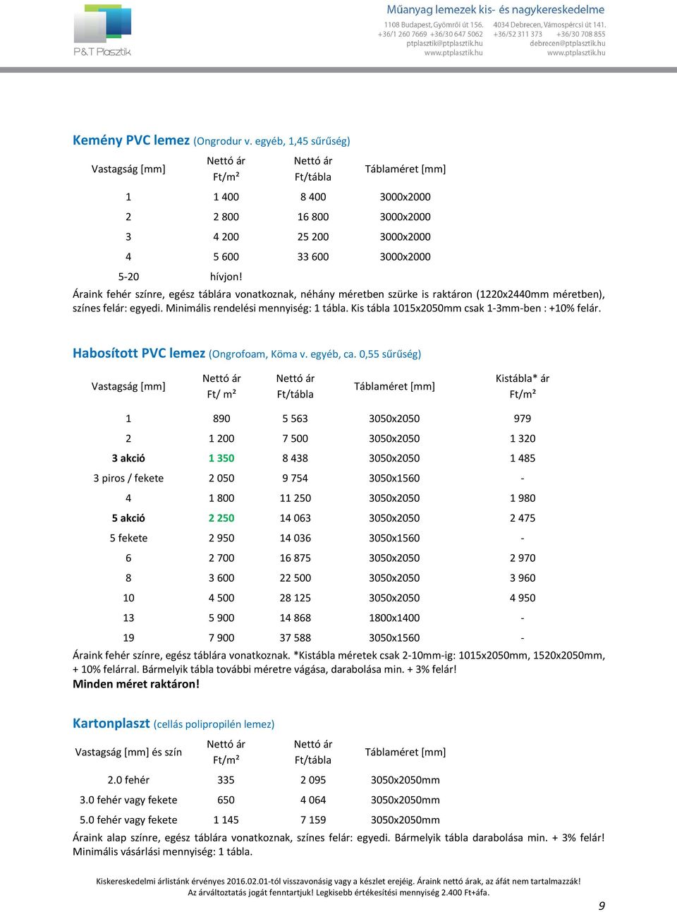 Kis tábla 1015x2050mm csak 1-3mm-ben : +10% felár. Habosított PVC lemez (Ongrofoam, Köma v. egyéb, ca.