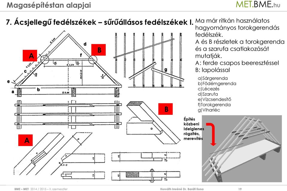 torokgerendás fedélszék. A és B részletek a torokgerenda és a szarufa csatlakozását mutatják.