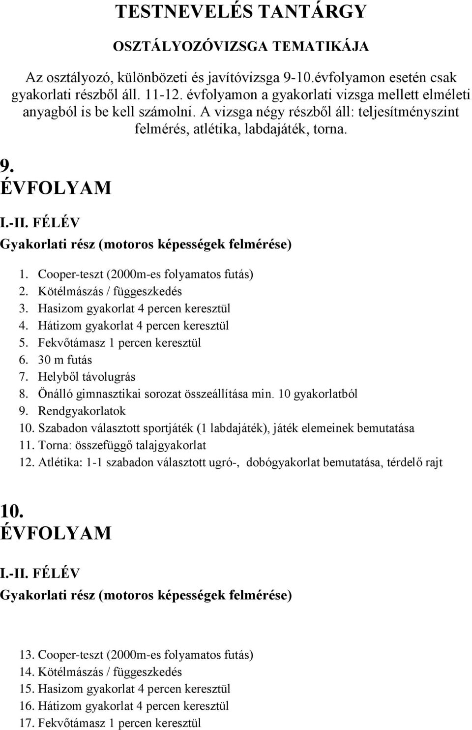 Cooper-teszt (2000m-es folyamatos futás) 2. Kötélmászás / függeszkedés 3. Hasizom gyakorlat 4 percen keresztül 4. Hátizom gyakorlat 4 percen keresztül 5. Fekvőtámasz 1 percen keresztül 6.