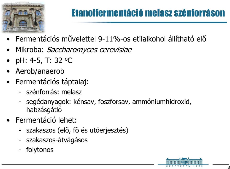 Fermentációs táptalaj: - szénforrás: melasz - segédanyagok: kénsav, foszforsav,