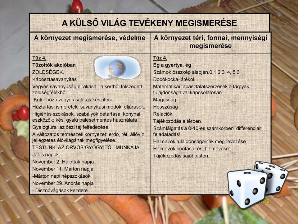 Higiénés szokások, szabályok betartása: konyhai eszközök: kés, gyalu balesetmentes használata Gyalogtúra: az őszi táj felfedezése.