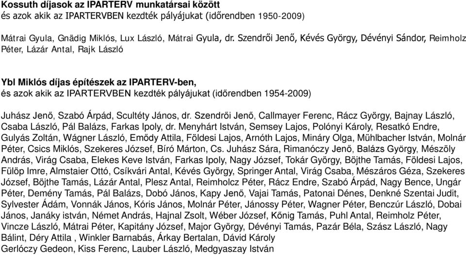 Juhász Jenő, Szabó Árpád, Scultéty János, dr. Szendrői Jenő, Callmayer Ferenc, Rácz György, Bajnay László, Csaba László, Pál Balázs, Farkas Ipoly, dr.