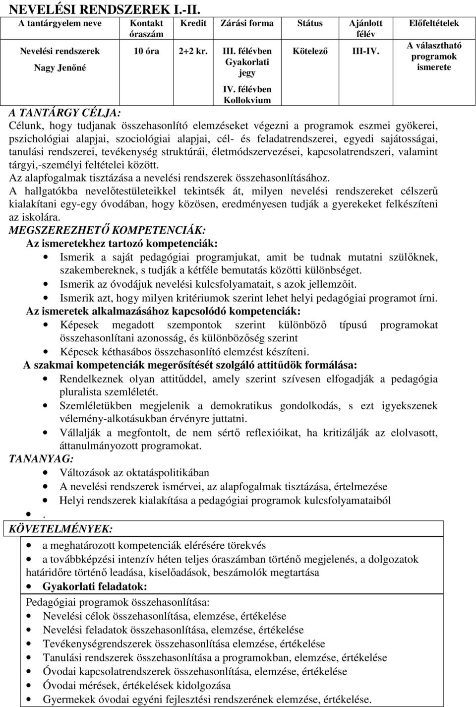 Előfeltételek A választható programok ismerete A TANTÁRGY CÉLJA: Célunk, hogy tudjanak összehasonlító elemzéseket végezni a programok eszmei gyökerei, pszichológiai alapjai, szociológiai alapjai,