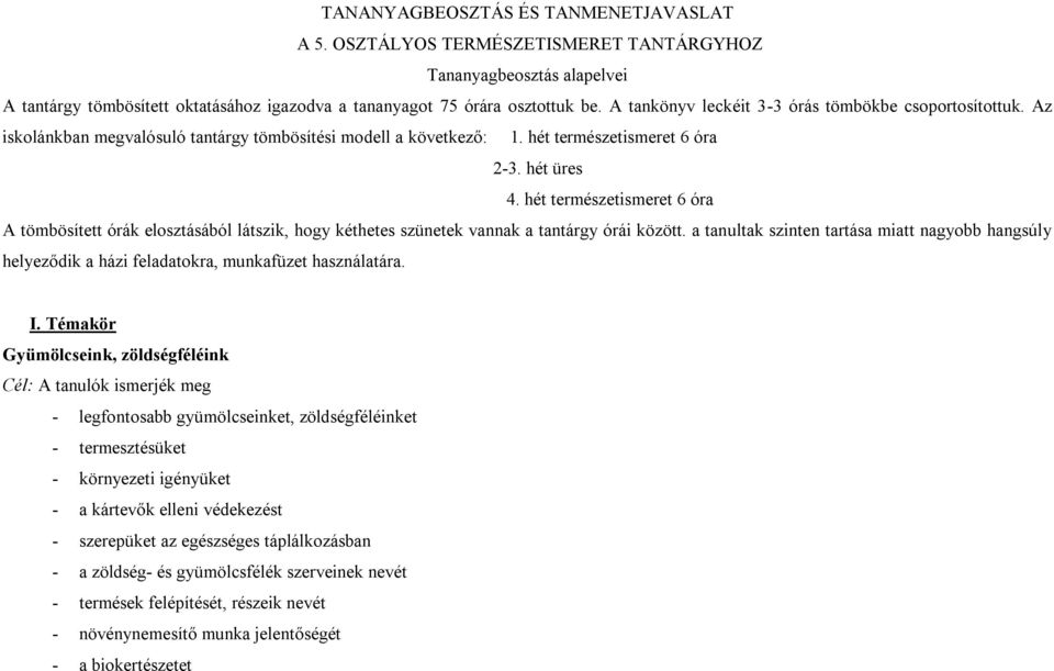 hét természetismeret 6 óra A tömbösített órák elosztásából látszik, hogy kéthetes szünetek vannak a tantárgy órái között.