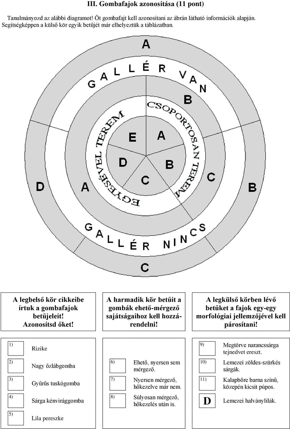A harmadik kör betűit a gombák ehető-mérgező sajátságaihoz kell hozzárendelni! A legkülső körben lévő betűket a fajok egy-egy morfológiai jellemzőjével kell párosítani!