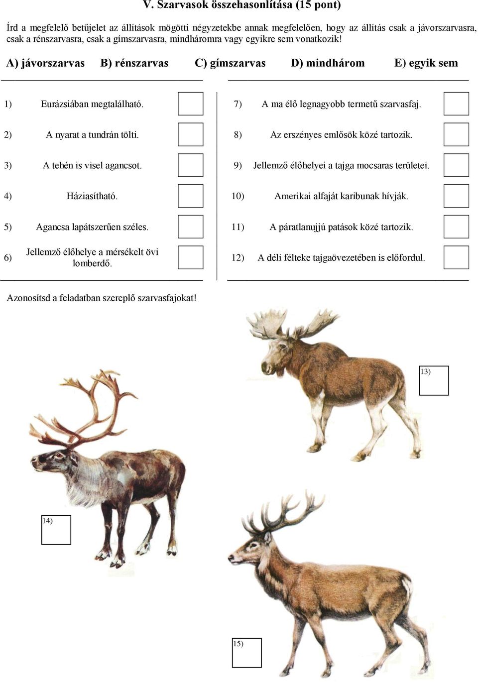 2) A nyarat a tundrán tölti. 8) Az erszényes emlősök közé tartozik. 3) A tehén is visel agancsot. 9) Jellemző élőhelyei a tajga mocsaras területei. 4) Háziasítható.