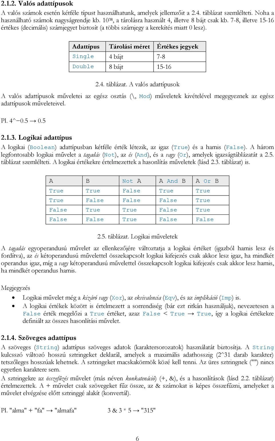Adattípus Tárolási méret Értékes jegyek Single 4 bájt 7-8 Double 8 bájt 15-16 2.4. táblázat.