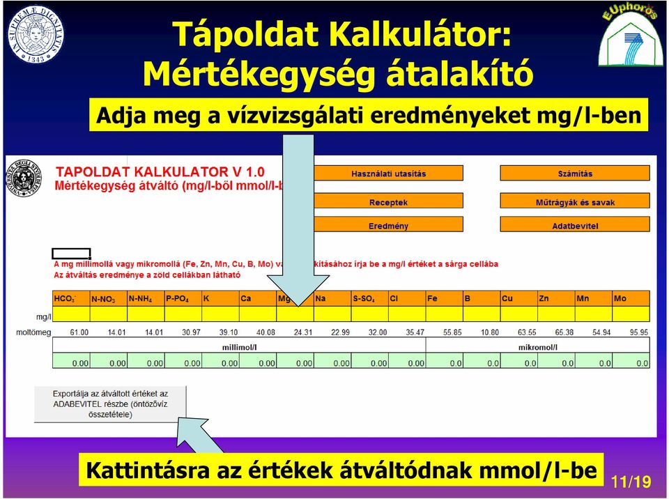 eredményeket mg/l-ben