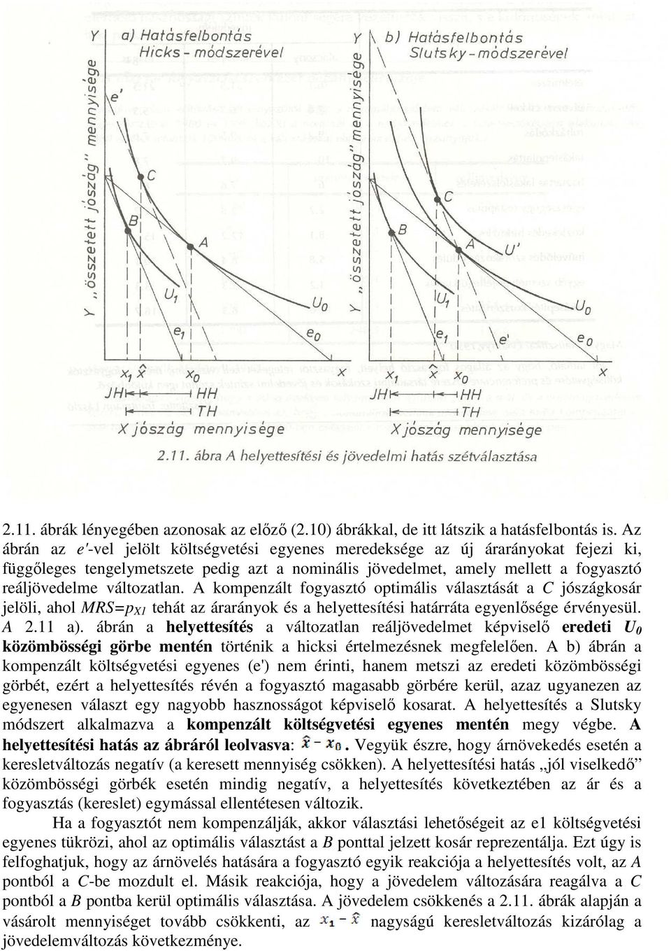 változatlan. A kompenzált fogyasztó optimális választását a C jószágkosár jelöli, ahol MRS=p X1 tehát az árarányok és a helyettesítési határráta egyenlısége érvényesül. A 2.11 a).