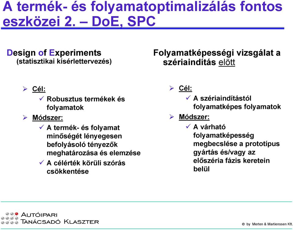 Robusztus termékek és folyamatok Módszer: A termék- és folyamat minőségét lényegesen befolyásoló tényezők meghatározása és