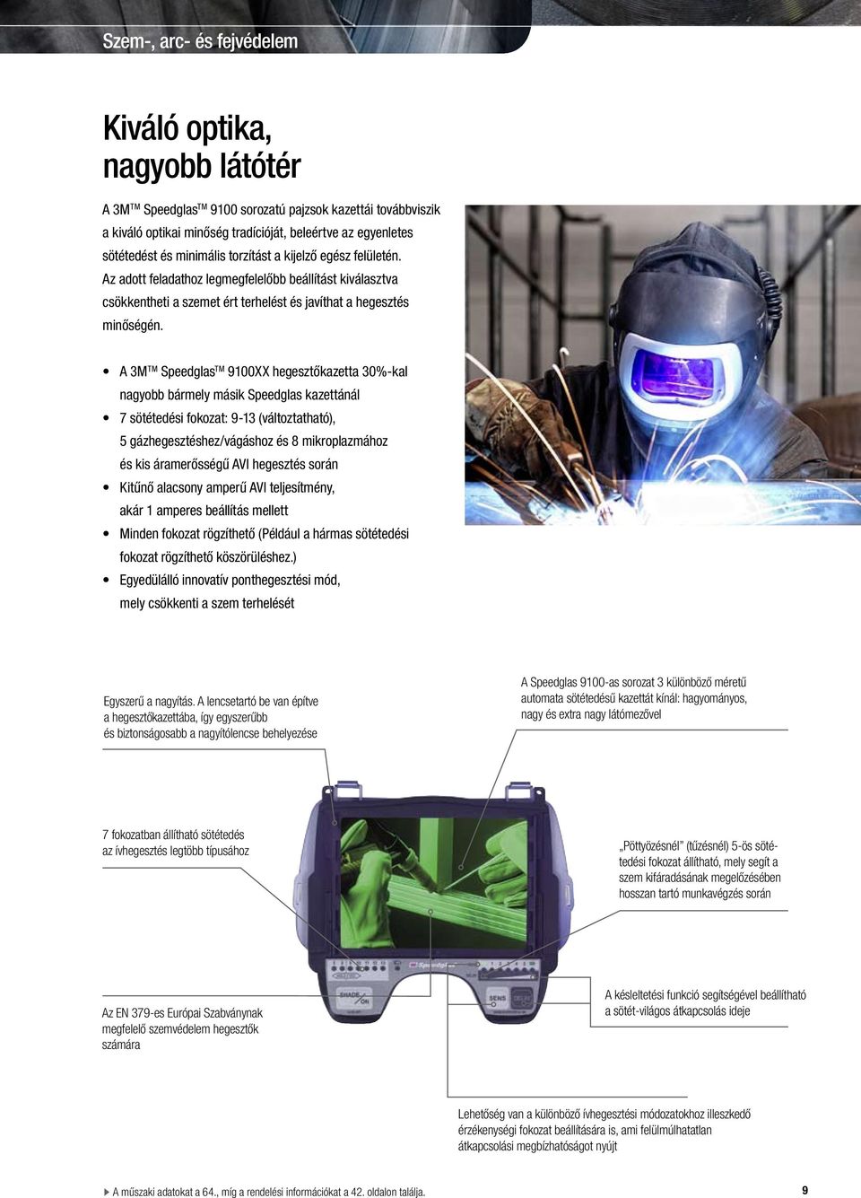 TM A 3M Speedglas TM 9100XX hegesztőkazetta 30%-kal nagyobb bármely másik Speedglas kazettánál 7 sötétedési fokozat: 9-13 (változtatható), 5 gázhegesz téshez/vágáshoz és 8 mikroplazmához és kis