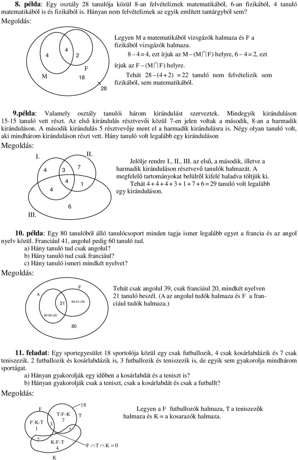 Tehát 28 (4 + 2) = 22 tanuló nem felvételizik sem fizikából, sem matematikából. 9.példa: Valamely osztály tanulói három kirándulást szerveztek. Mindegyik kiránduláson 5-5 tanuló vett részt.