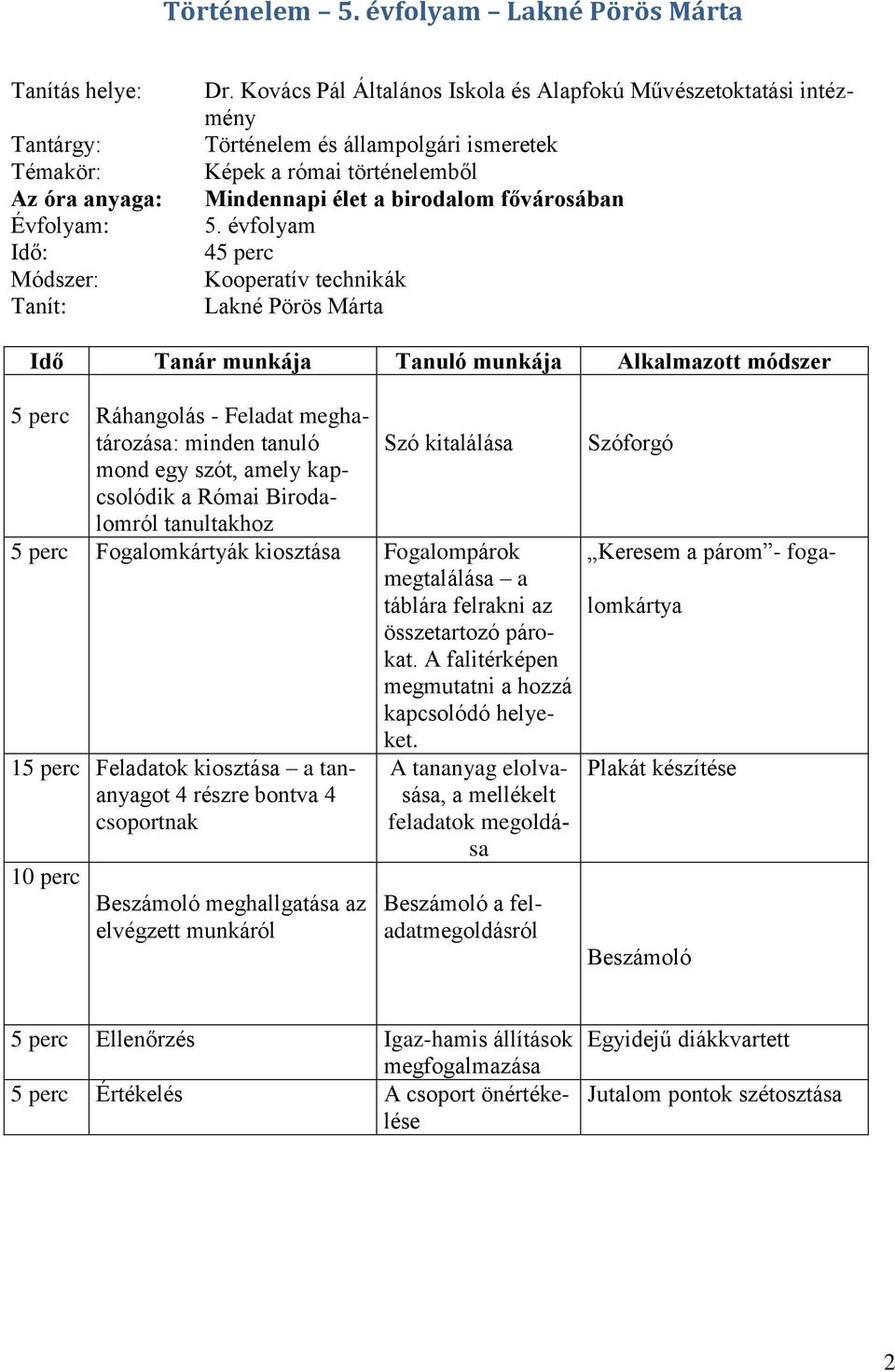 évfolyam 45 Kooperatív technikák Lakné Pörös Márta Idő Tanár munkája Tanuló munkája Alkalmazott módszer 5 Ráhangolás - Feladat meghatározása: minden tanuló Szó kitalálása mond egy szót, amely