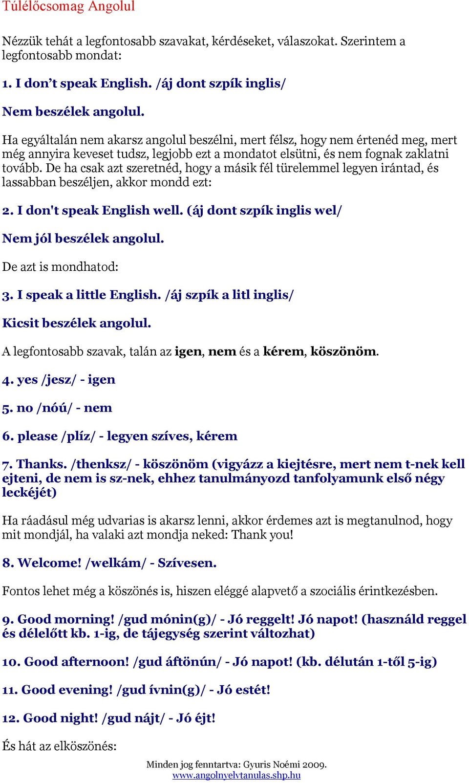 De ha csak azt szeretnéd, hogy a másik fél türelemmel legyen irántad, és lassabban beszéljen, akkor mondd ezt: 2. I don't speak English well. (áj dont szpík inglis wel/ Nem jól beszélek angolul.