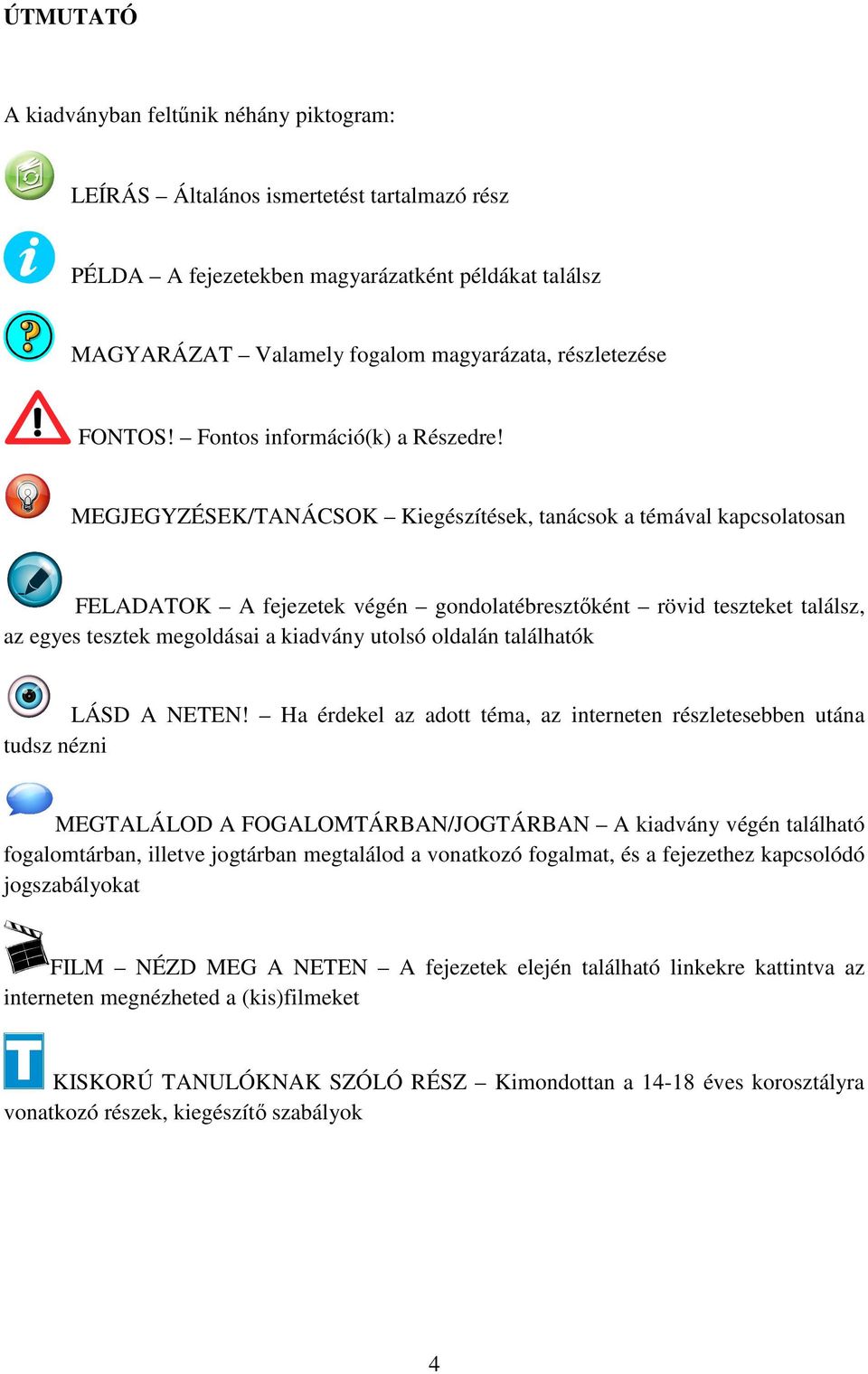 MEGJEGYZÉSEK/TANÁCSOK Kiegészítések, tanácsok a témával kapcsolatosan FELADATOK A fejezetek végén gondolatébresztőként rövid teszteket találsz, az egyes tesztek megoldásai a kiadvány utolsó oldalán