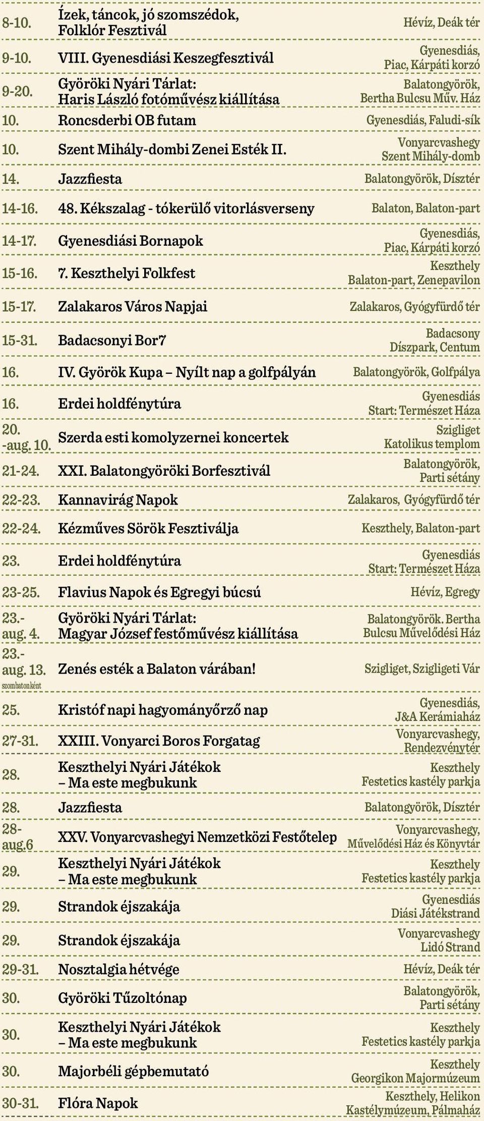 Jazzfiesta, Dísztér 14-16. 48. Kékszalag - tókerülő vitorlásverseny Balaton, Balaton-part 14-17. i Bornapok 15-16. 7. i Folkfest, Piac, Kárpáti korzó Balaton-part, Zenepavilon 15-17.