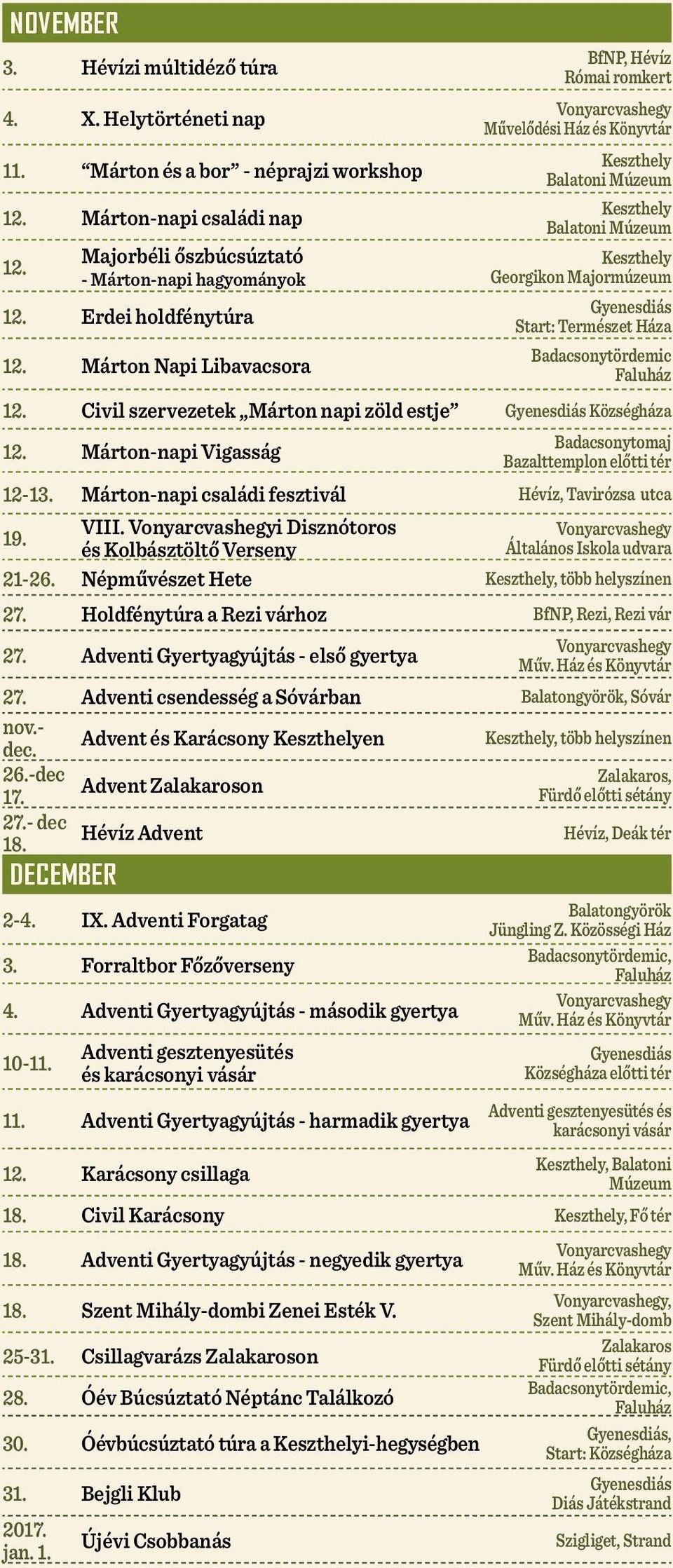 Márton Napi Libavacsora BfNP, Hévíz Római romkert Művelődési Ház és Könyvtár Balatoni Múzeum Balatoni Múzeum Georgikon Majormúzeum Start: Természet Háza Badacsonytördemic Faluház 12.