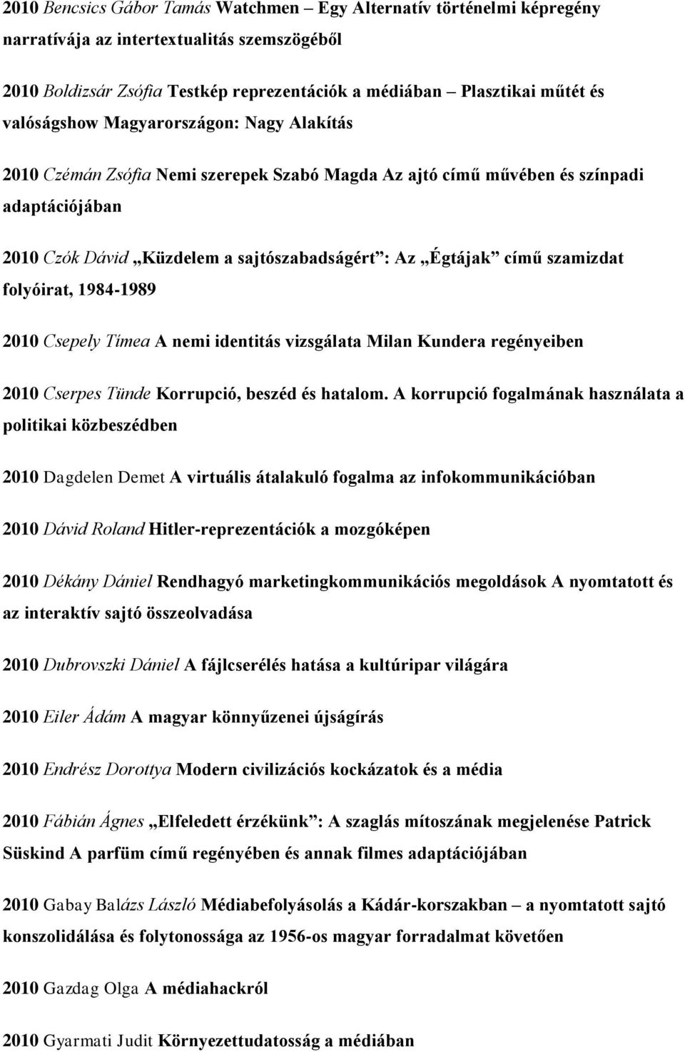 szamizdat folyóirat, 1984-1989 2010 Csepely Tímea A nemi identitás vizsgálata Milan Kundera regényeiben 2010 Cserpes Tünde Korrupció, beszéd és hatalom.