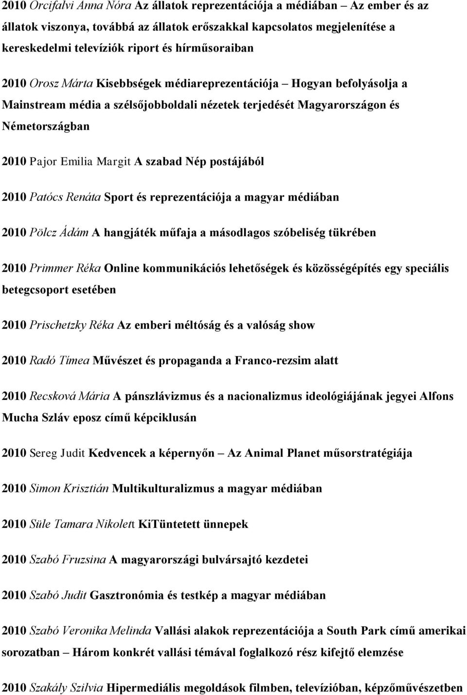 A szabad Nép postájából 2010 Patócs Renáta Sport és reprezentációja a magyar médiában 2010 Pölcz Ádám A hangjáték műfaja a másodlagos szóbeliség tükrében 2010 Primmer Réka Online kommunikációs