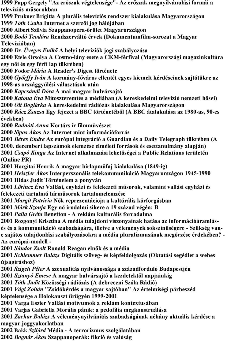 Üveges Enikő A helyi televíziók jogi szabályozása 2000 Etele Orsolya A Cosmo-lány esete a CKM-férfival (Magyarországi magazinkultúra egy női és egy férfi lap tükrében) 2000 Fodor Mária A Reader's