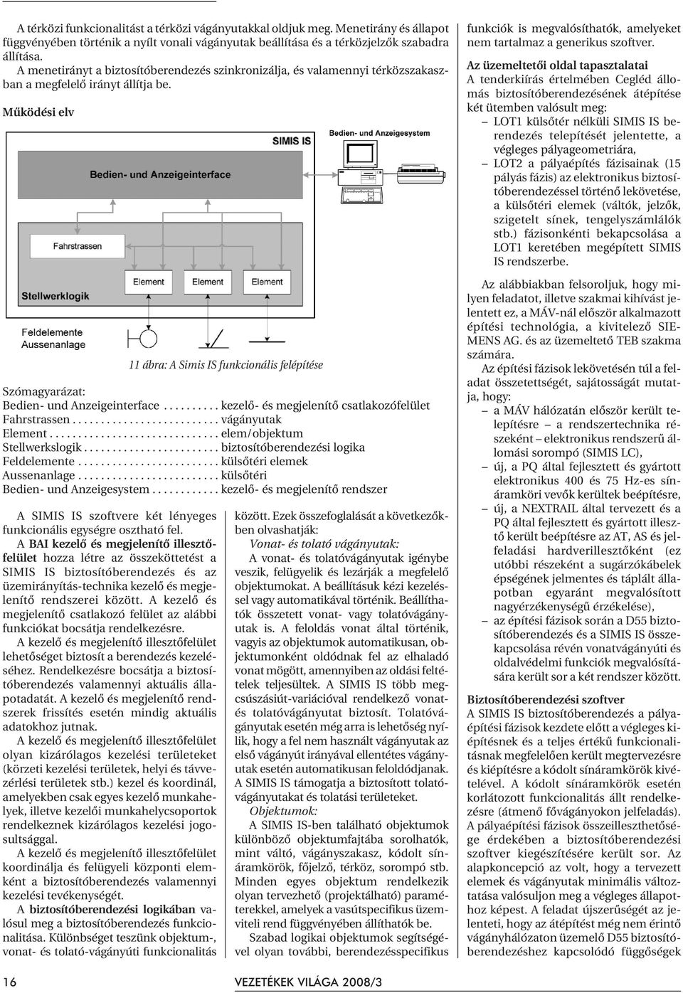 Mûködési elv 11 ábra: A Simis IS funkcionális felépítése Szómagyarázat: Bedien- und Anzeigeinterface.......... kezelõ- és megjelenítõ csatlakozófelület Fahrstrassen.......................... vágányutak Element.