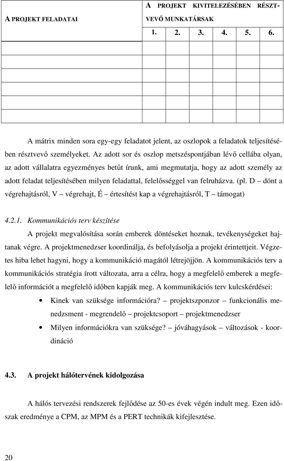 felelısséggel van felruházva. (pl. D dönt a végrehajtásról, V végrehajt, É értesítést kap a végrehajtásról, T támogat) 4.2.1.