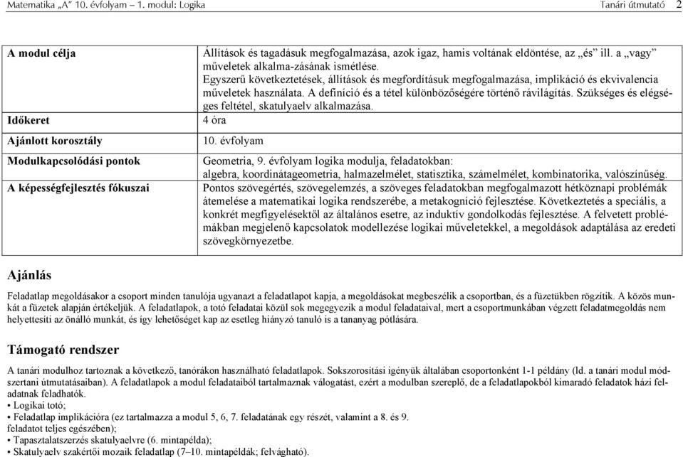 eldöntése, az és ill. a vagy műveletek alkalma-zásának ismétlése. Egyszerű következtetések, állítások és megfordításuk megfogalmazása, implikáció és ekvivalencia műveletek használata.