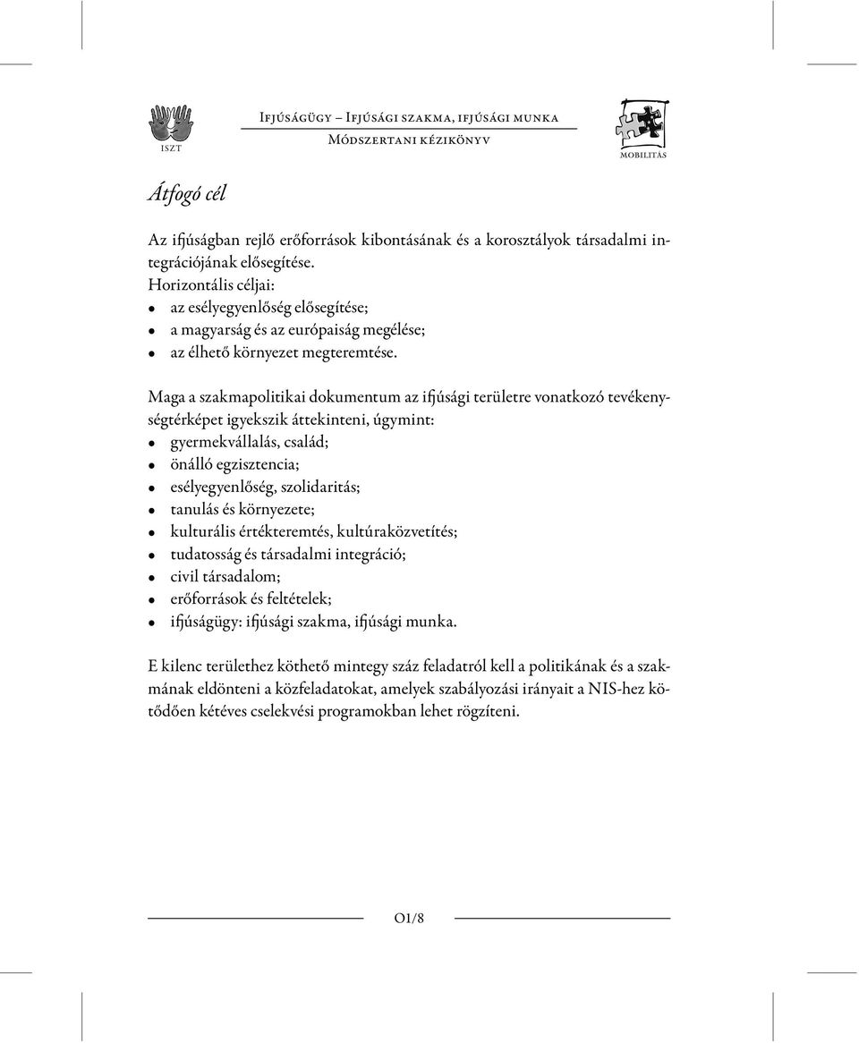 Maga a szakmapolitikai dokumentum az ifjúsági területre vonatkozó tevékenységtérképet igyekszik áttekinteni, úgymint: gyermekvállalás, család; önálló egzisztencia; esélyegyenlőség, szolidaritás;