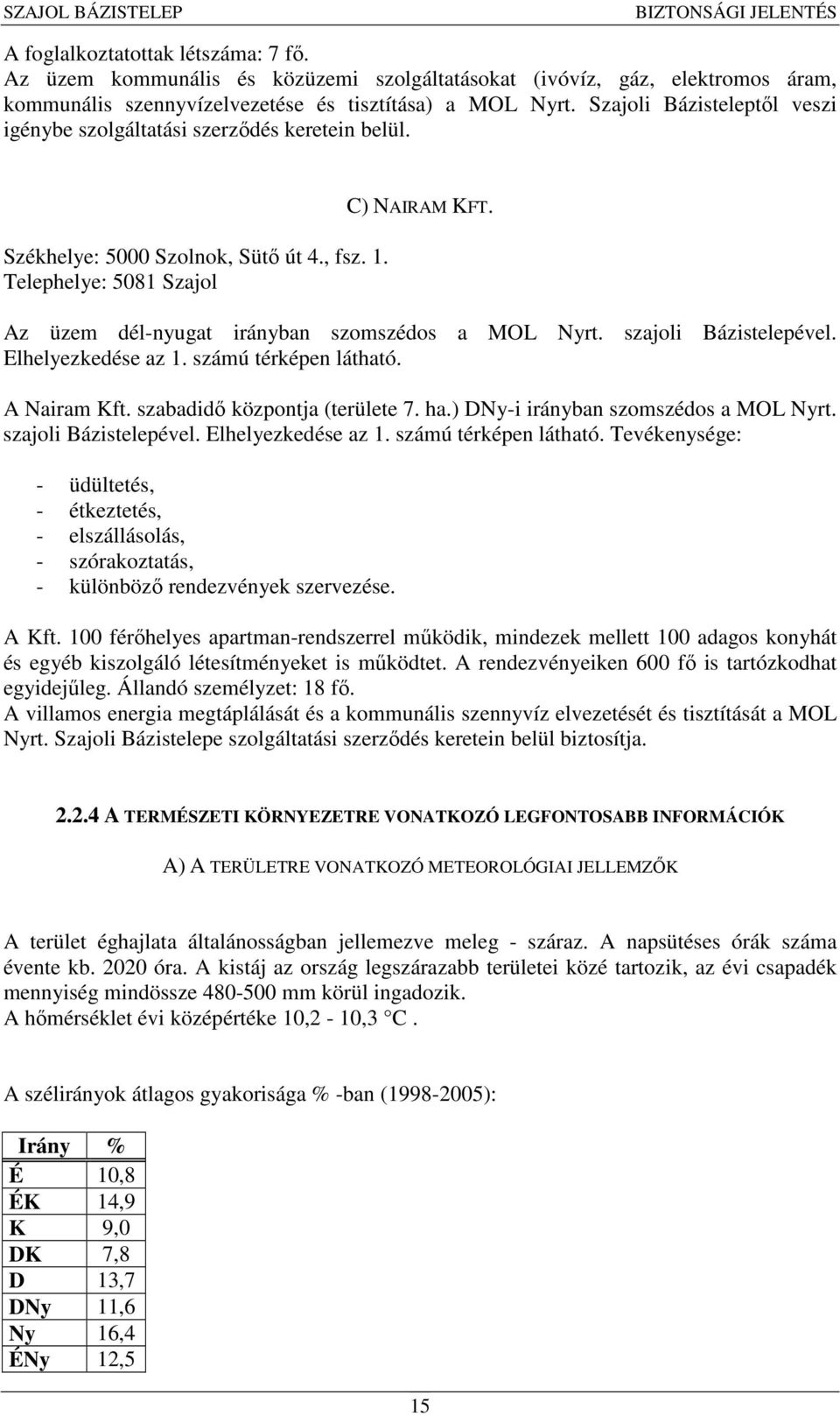 Az üzem dél-nyugat irányban szomszédos a MOL Nyrt. szajoli Bázistelepével. Elhelyezkedése az 1. számú térképen látható. A Nairam Kft. szabadidő központja (területe 7. ha.