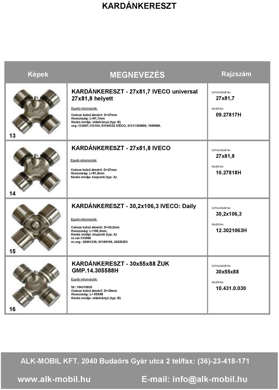 27817H 13 KARDÁNKERESZT - 27x81,8 IVECO Csésze külső átmérő: D=27mm Hosszúság: L=81,8mm 27x81,8 10.