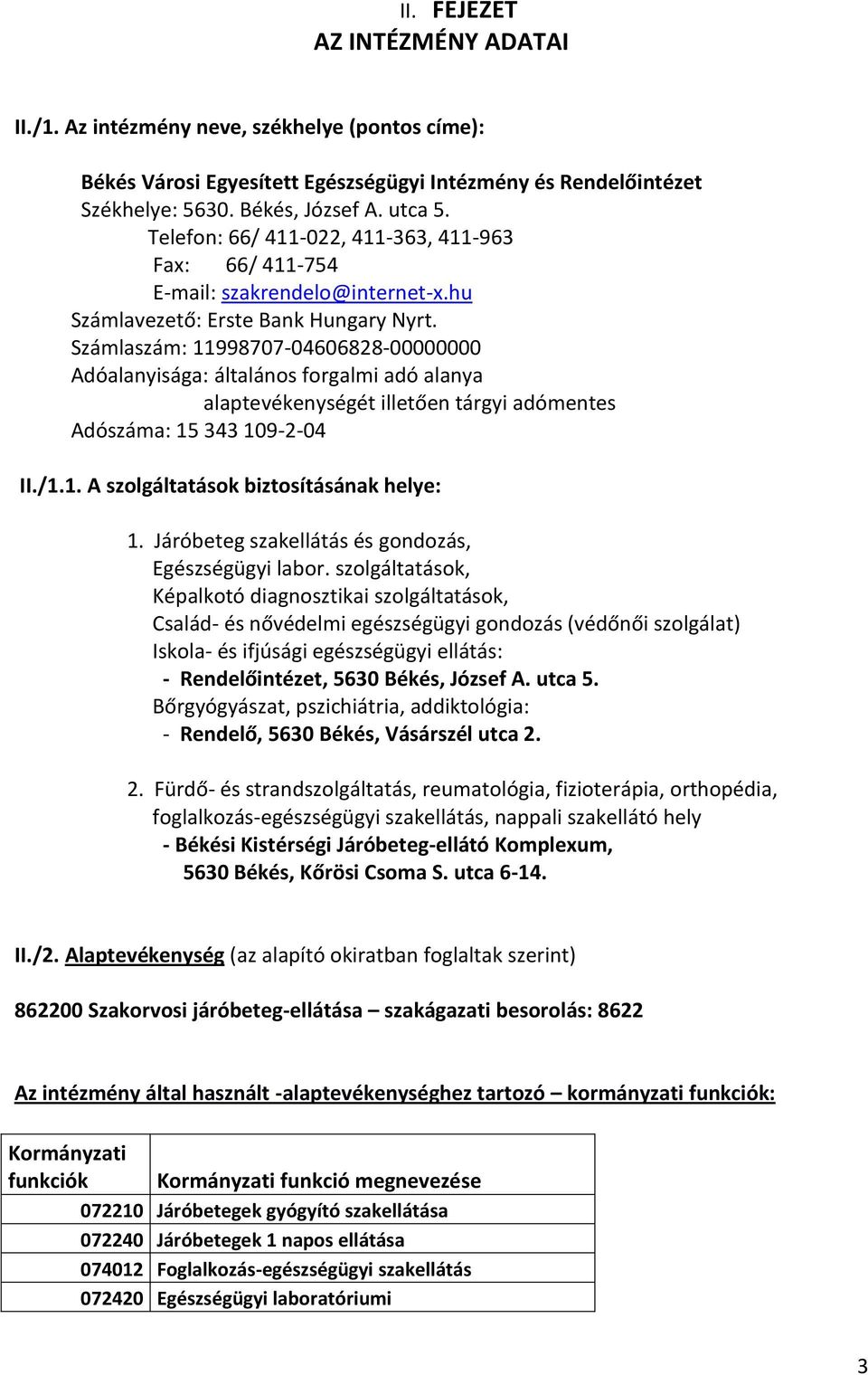 Számlaszám: 11998707-04606828-00000000 Adóalanyisága: általános forgalmi adó alanya alaptevékenységét illetően tárgyi adómentes Adószáma: 15 343 109-2-04 II./1.1. A szolgáltatások biztosításának helye: 1.