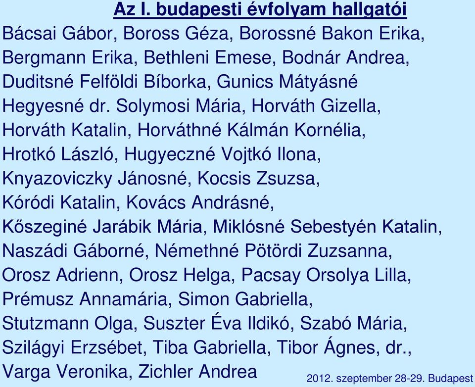 Solymosi Mária, Horváth Gizella, Horváth Katalin, Horváthné Kálmán Kornélia, Hrotkó László, Hugyeczné Vojtkó Ilona, Knyazoviczky Jánosné, Kocsis Zsuzsa, Kóródi Katalin,