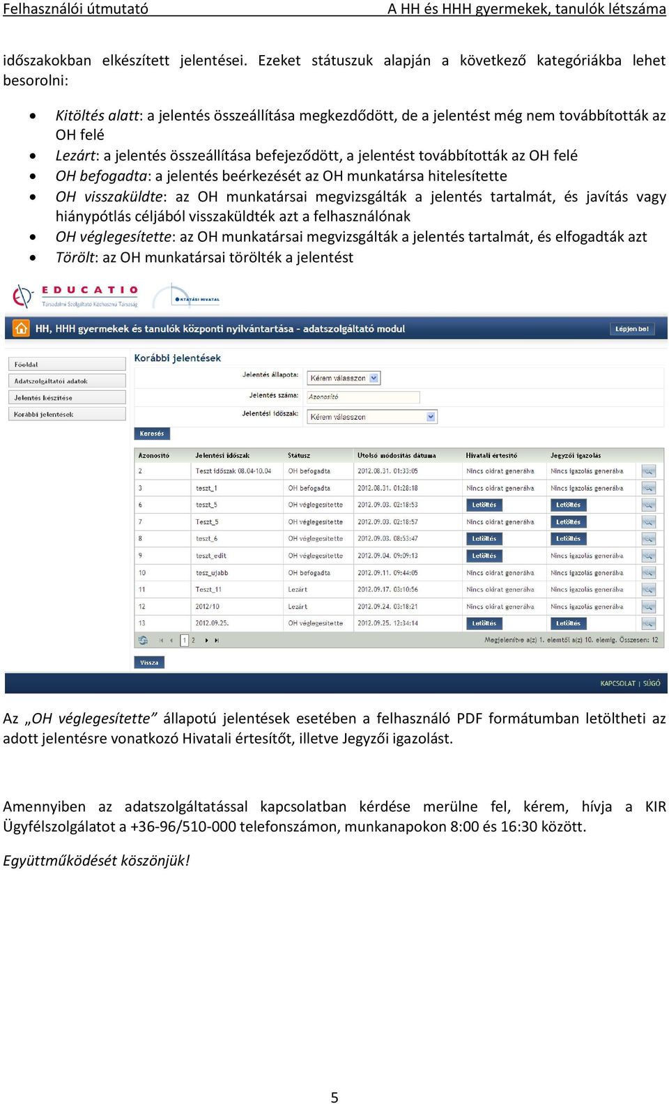 összeállítása befejeződött, a jelentést továbbították az OH felé OH befogadta: a jelentés beérkezését az OH munkatársa hitelesítette OH visszaküldte: az OH munkatársai megvizsgálták a jelentés