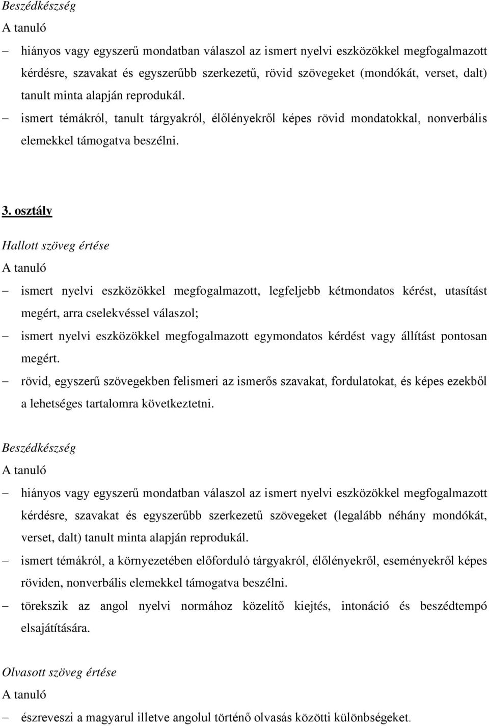 osztály Hallott szöveg értése ismert nyelvi eszközökkel megfogalmazott, legfeljebb kétmondatos kérést, utasítást megért, arra cselekvéssel válaszol; ismert nyelvi eszközökkel megfogalmazott