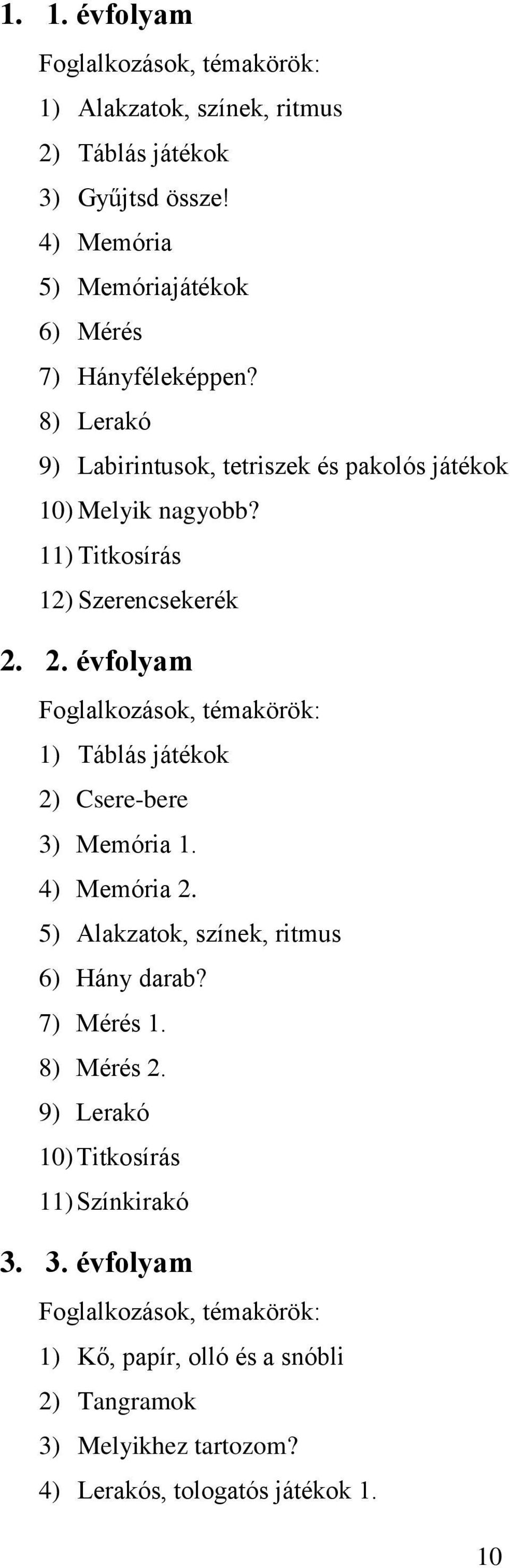 11) Titkosírás 12) Szerencsekerék 2. 2. évfolyam Foglalkozások, témakörök: 1) Táblás játékok 2) Csere-bere 3) Memória 1. 4) Memória 2.