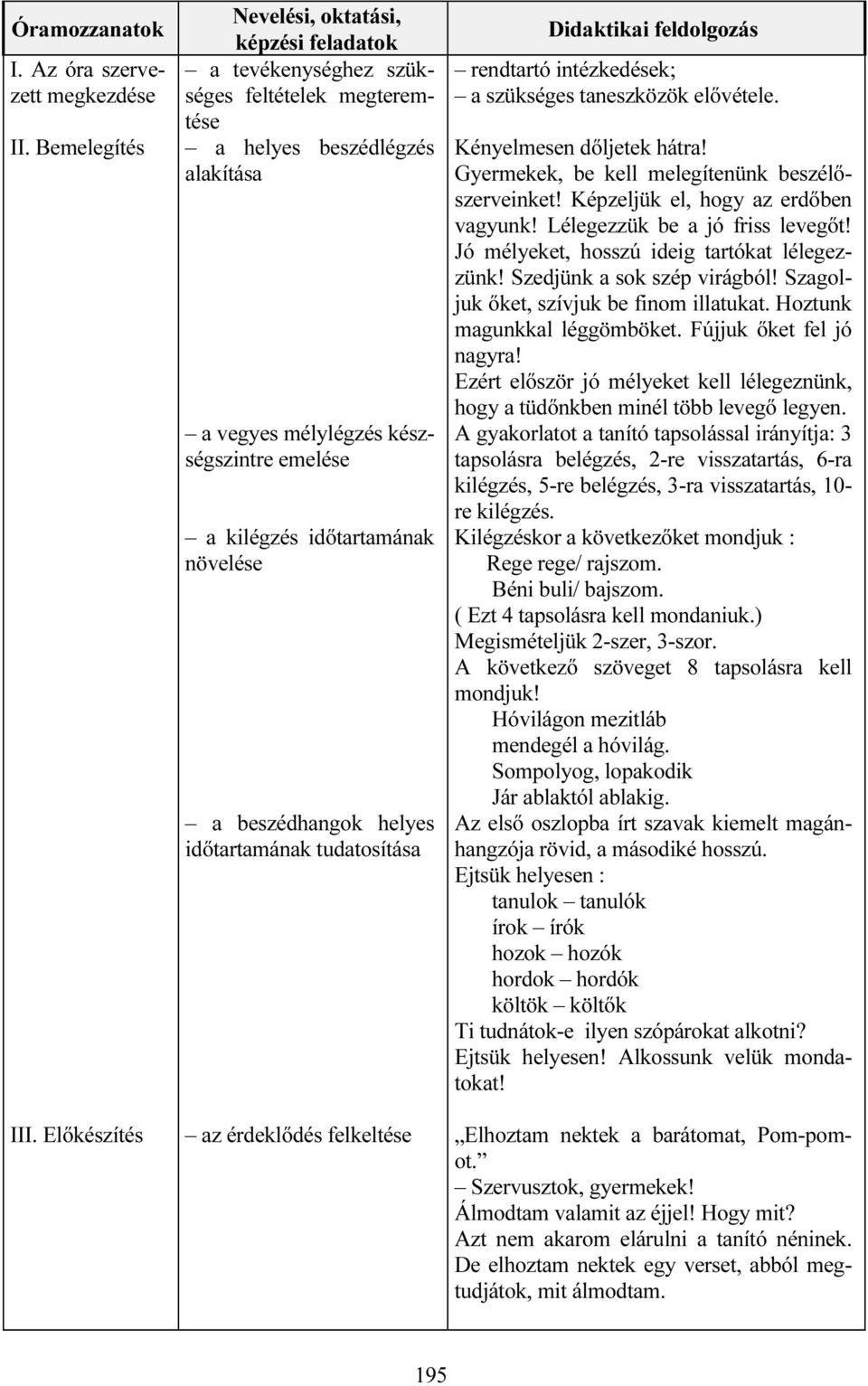 időtartamának növelése a beszédhangok helyes időtartamának tudatosítása az érdeklődés felkeltése Didaktikai feldolgozás rendtartó intézkedések; a szükséges taneszközök elővétele.