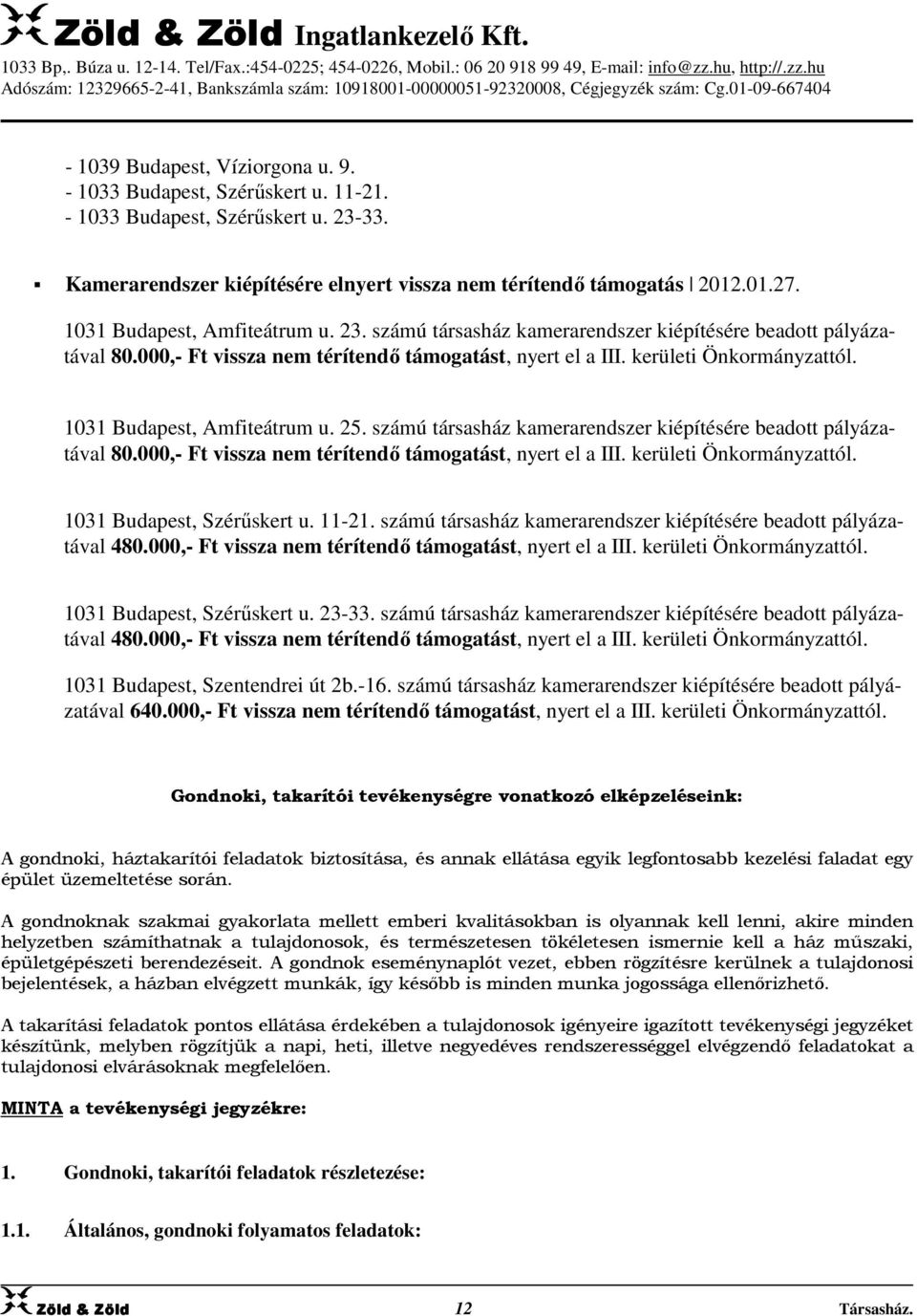 1031 Budapest, Amfiteátrum u. 25. számú társasház kamerarendszer kiépítésére beadott pályázatával 80.000,- Ft vissza nem térítendő támogatást, nyert el a III. kerületi Önkormányzattól.